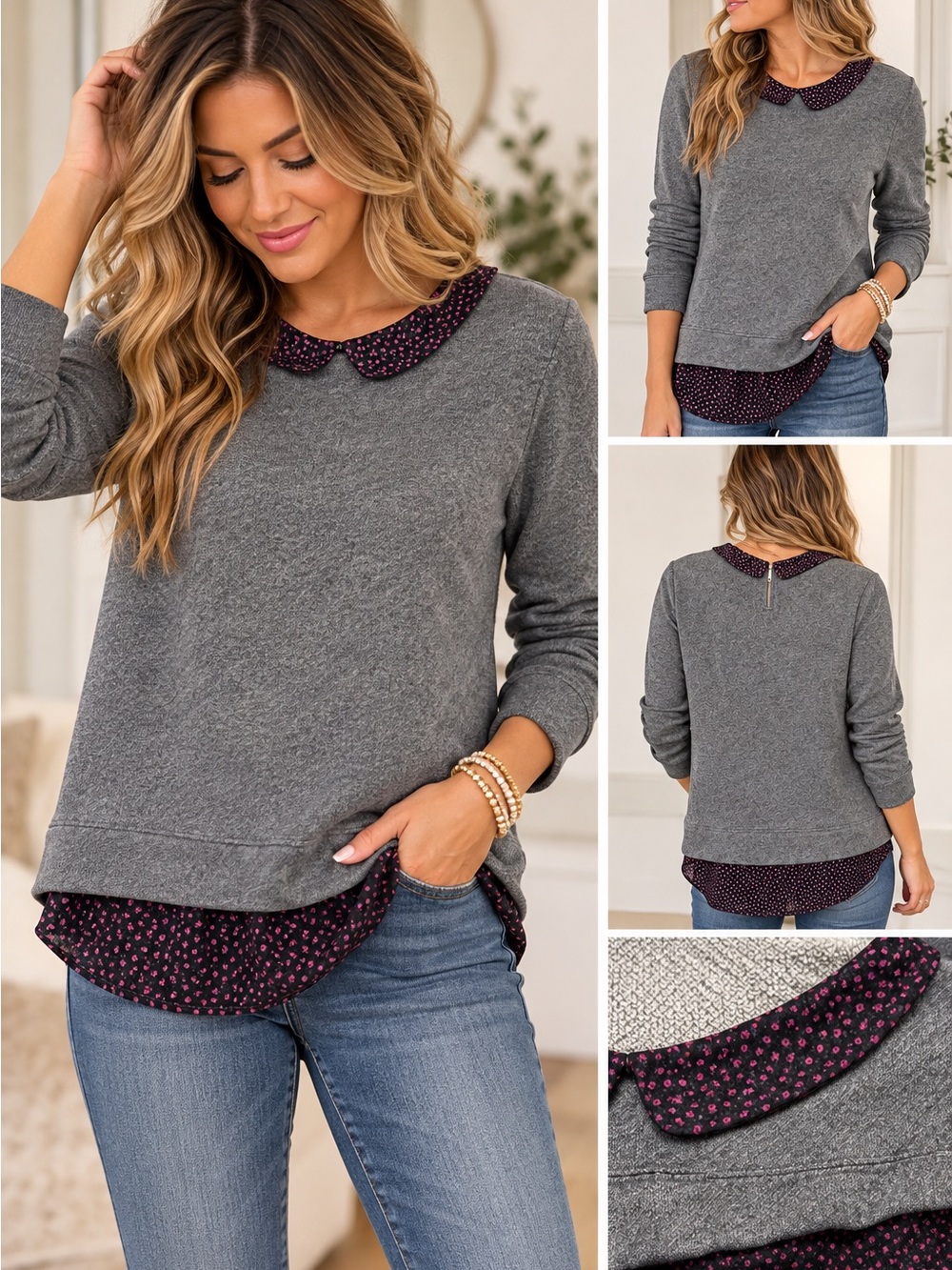 LOFT Layered Floral Collar Sweatshirt Top – Size Small 🌸 - Picture 2 of 8